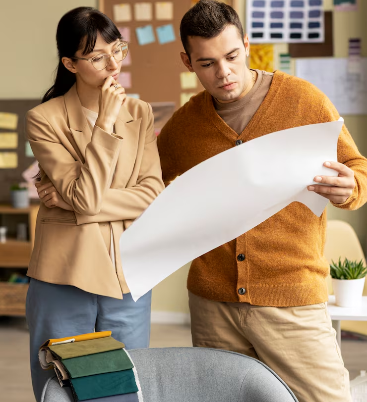 Modern living room interior with warm peach and white marble walls, an orange armchair, indoor green plants, and large windows allowing 
                       natural sunlight to fill the space.