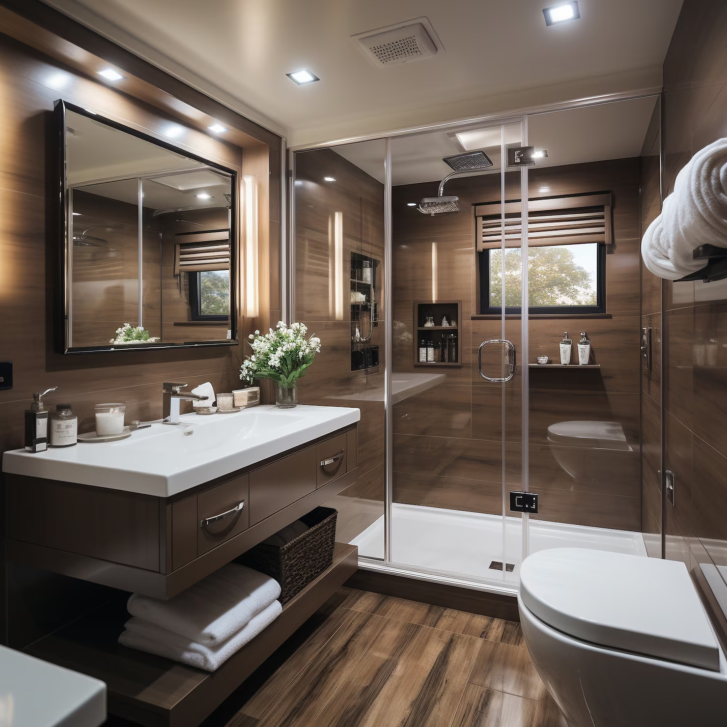Luxurious modern wardrobe with glass doors, LED lighting, and organized shelves displaying clothes, shoes, accessories, and storage boxes in an elegant bedroom setting.