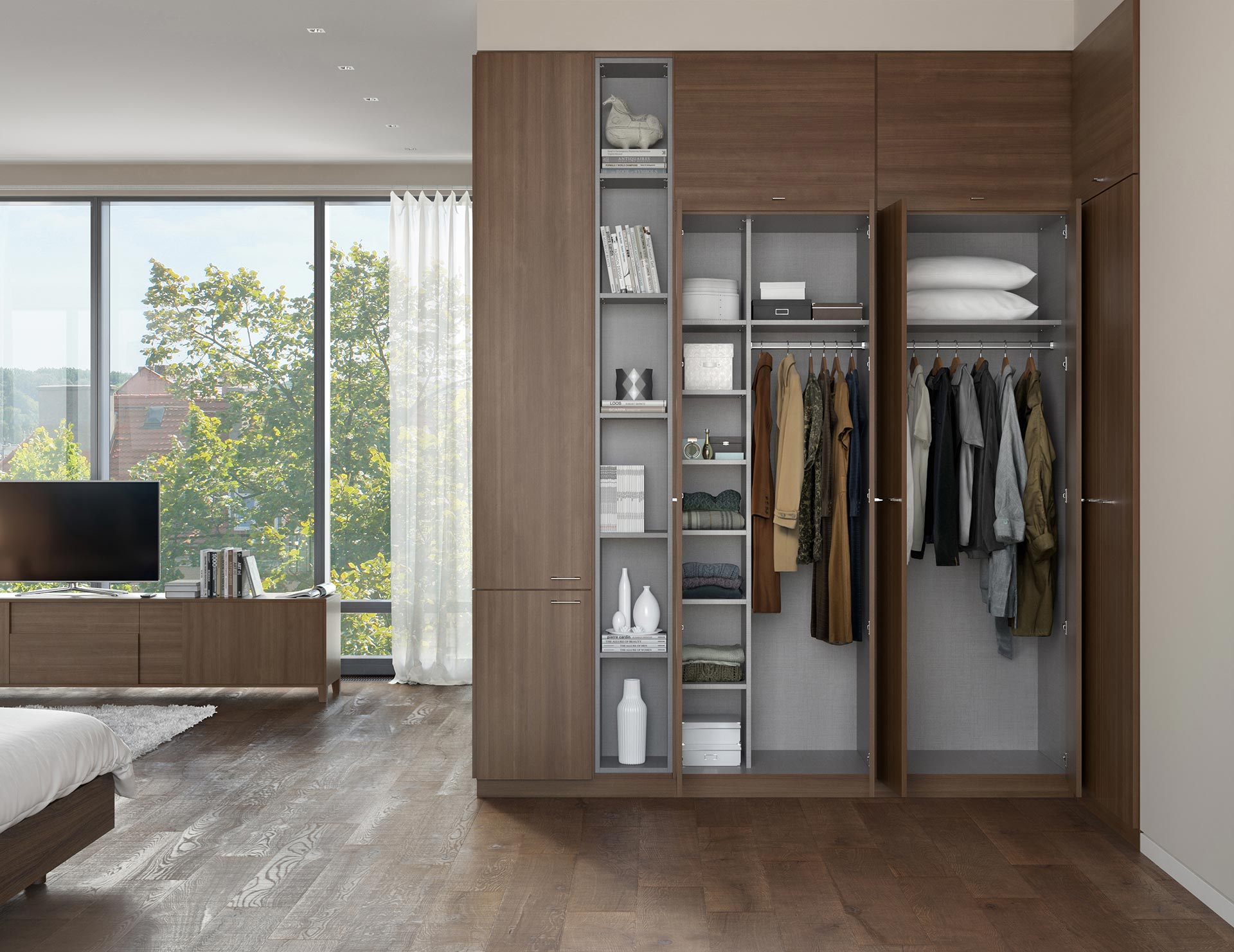 Modern bedroom with an open wooden wardrobe displaying neatly arranged clothes, shelves with folded items and decor pieces, and 
large windows letting in natural light.