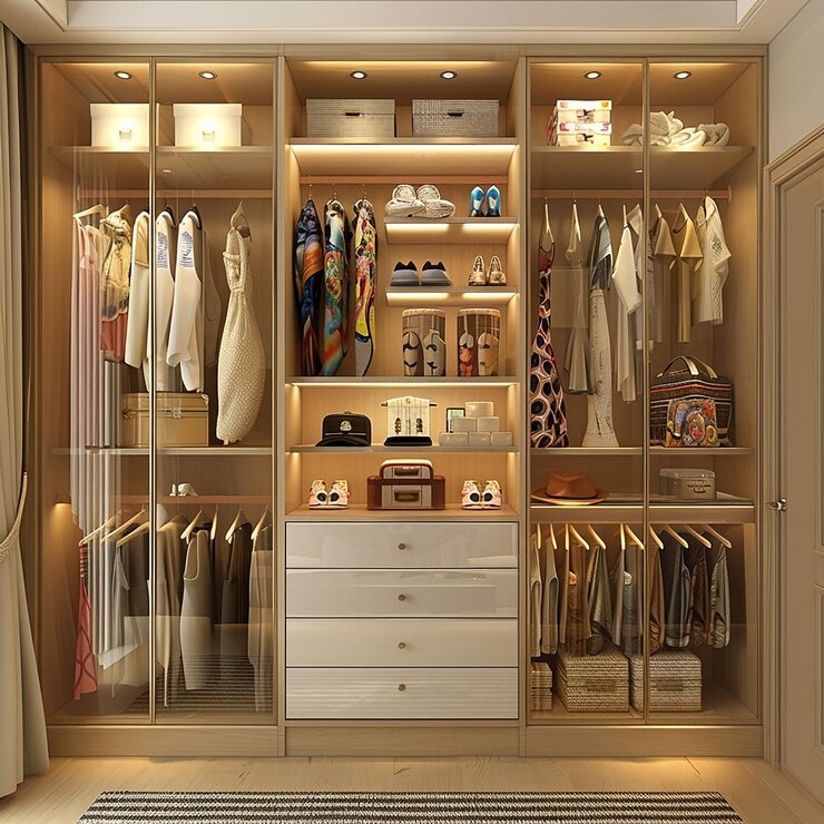 Luxurious modern wardrobe with glass doors, LED lighting, and organized shelves displaying clothes, shoes, accessories, and storage boxes in 
                 an elegant bedroom setting.
