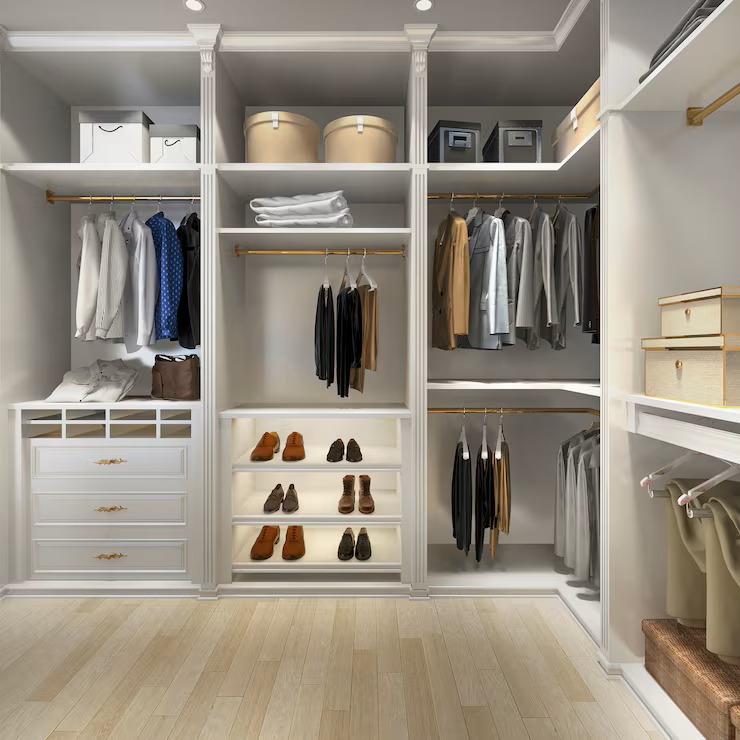 Elegant modern walk-in wardrobe with open shelving, hanging rods, and organized storage for clothes, shoes, and accessories, featuring soft 
                 lighting and a light wood floor.