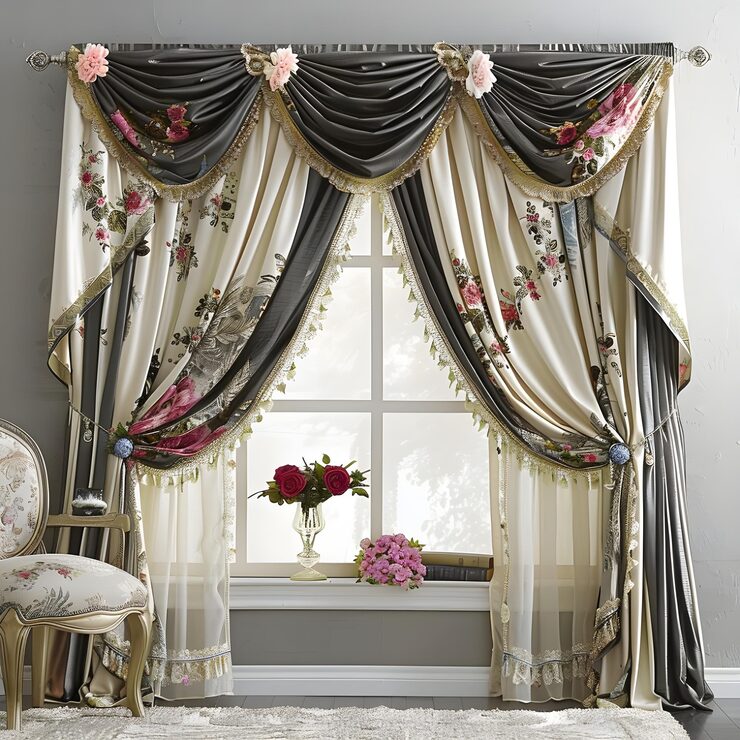 Elegant floral-patterned curtains in cream and gray tones with draped valances, gold trim, and decorative flowers, framing a window with
 a vase of red roses on the sill.