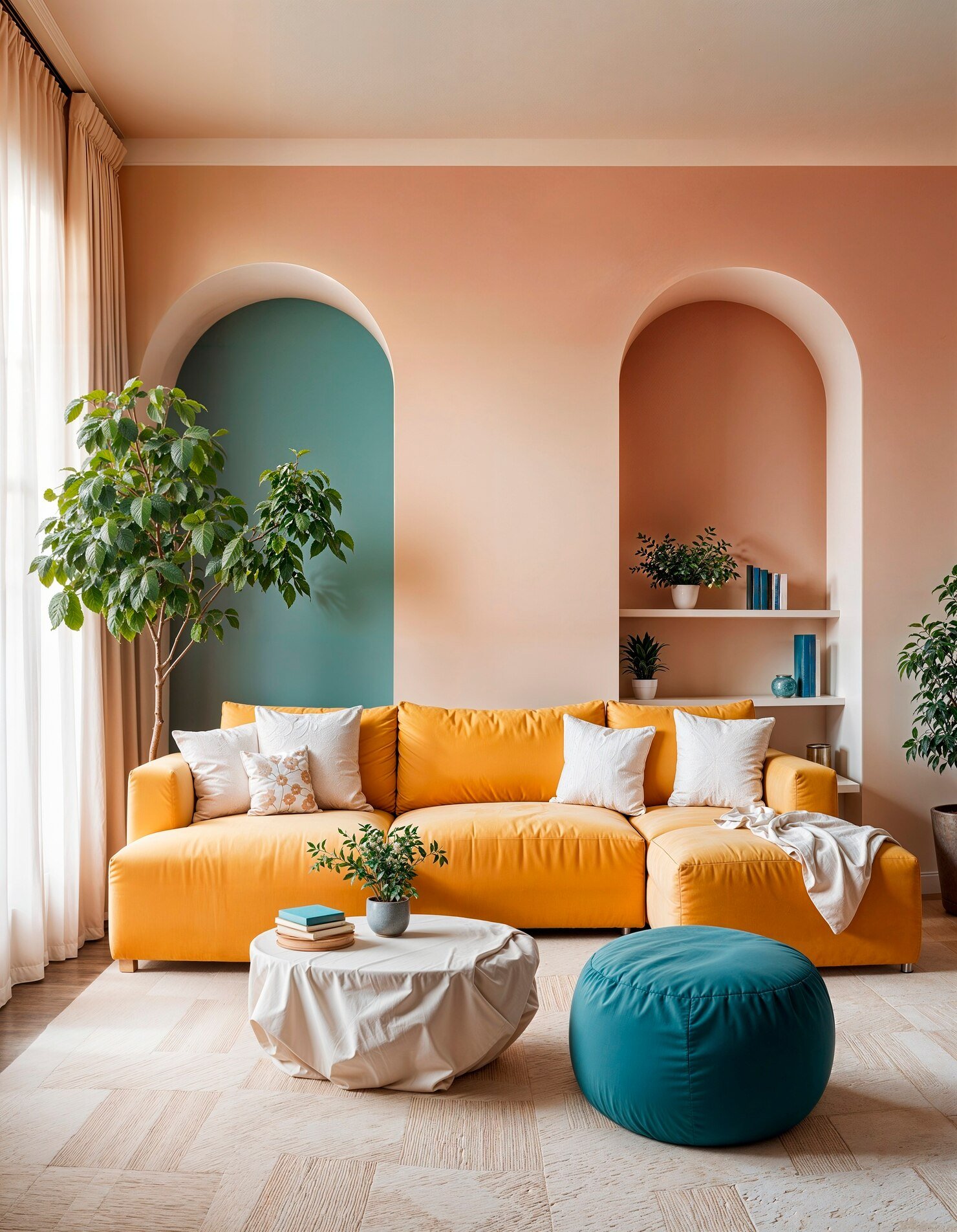 Modern living room with a
                 bright yellow sofa.